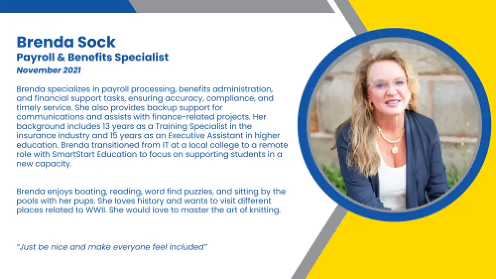 Headshot and written bio of employee who oversees payroll and benefits of high-dosage tutors and substitute teachers.