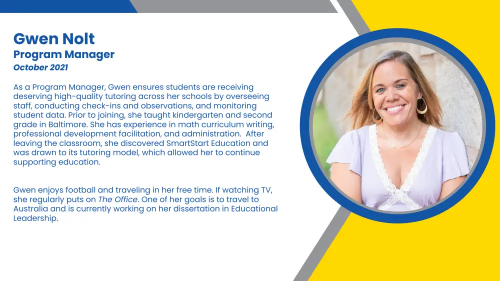 Headshot and written bio of employee who oversees high-dosage tutoring and both math and ELA intervention programs.