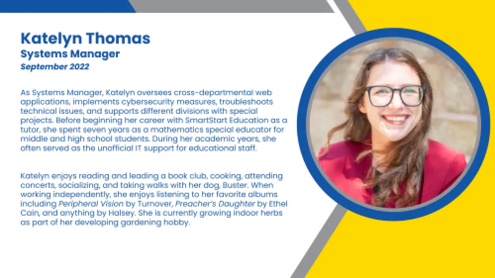 Headshot and written bio of employee who supports backend operations for K-12 staffing and high-dosage tutoring programs.