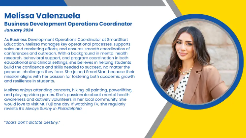 Headshot and written bio of employee who supports SmartStart Education sales representatives.