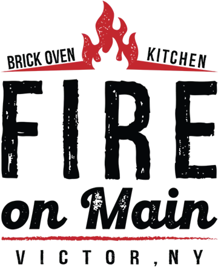 Logo with Fire on Main, red flame, and Brick Oven Kitchen, Victor, NY text.