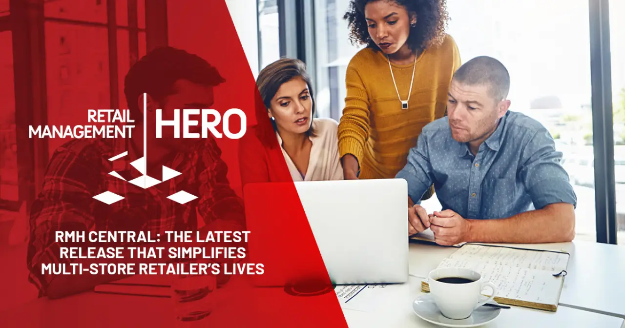 Retail team reviewing a laptop with RMH Central release branding.