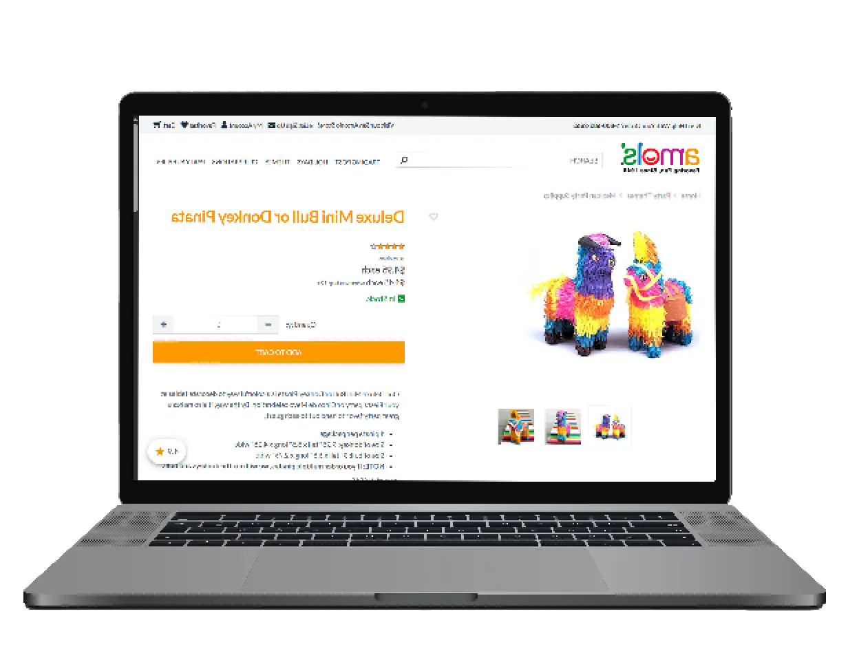The image shows a laptop screen displaying an online store page for Amo's, with a highlighted product offering Deluxe Mini Bull or Donkey Pinatas, priced at $4.95 each, available in stock.

AI-generated content may be incorrect.