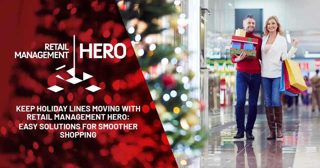 Couple carrying holiday gifts and shopping bags beside Retail Management Hero branding.