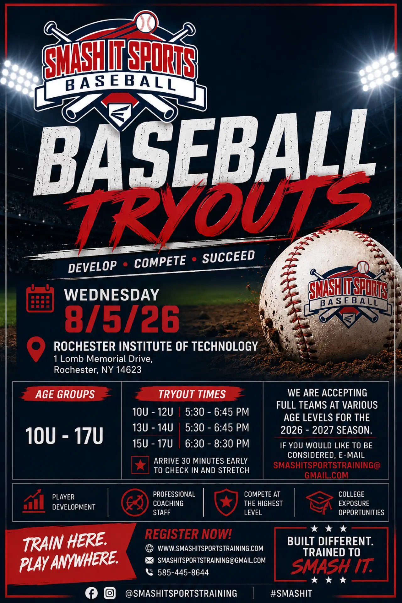 Baseball tryouts flyer for August 5, 2026