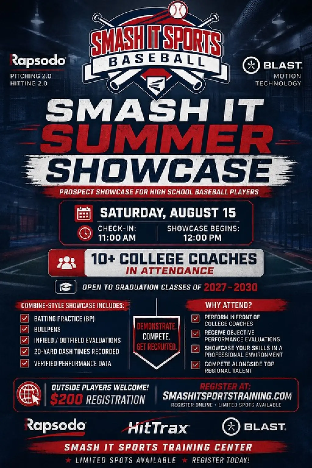 Smash It Summer Showcase flyer - prospect showcase for high school baseball players, Saturday August 15, 2026