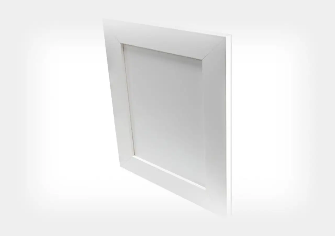 A plain, empty white picture frame stands upright against a white background.
