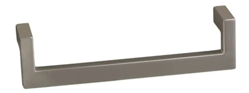 Rectangular silver metal drawer or cabinet handle with squared ends, isolated on white.
