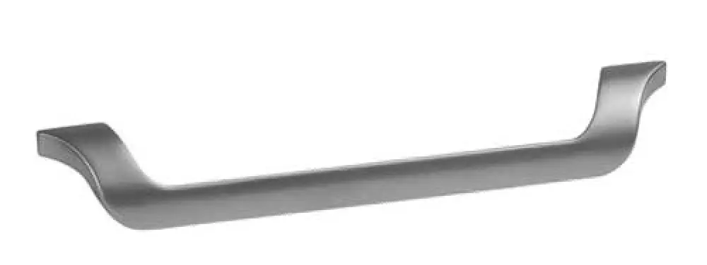 Silver cabinet or drawer handle with curved ends, isolated on a white background.