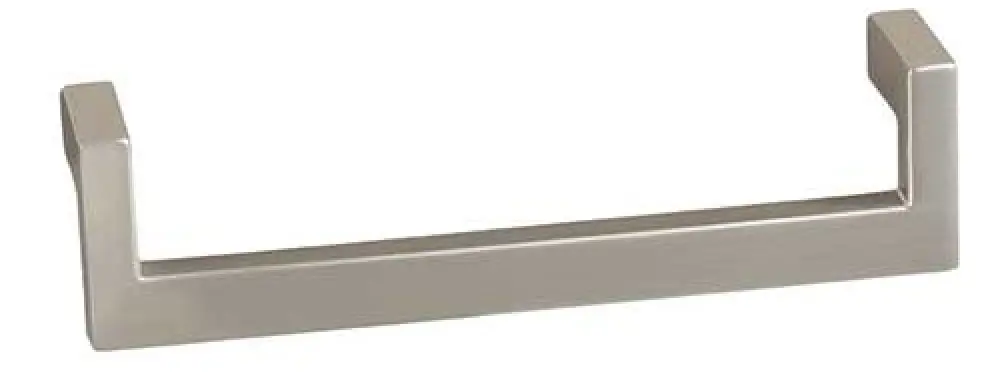 Silver rectangular metal drawer pull handle with squared edges, isolated on a white background.