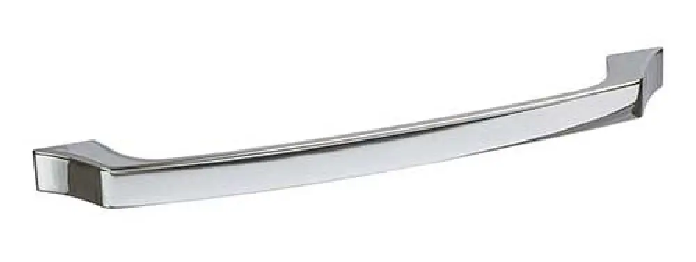 Silver metal cabinet handle with a smooth, slightly curved design on a white background.