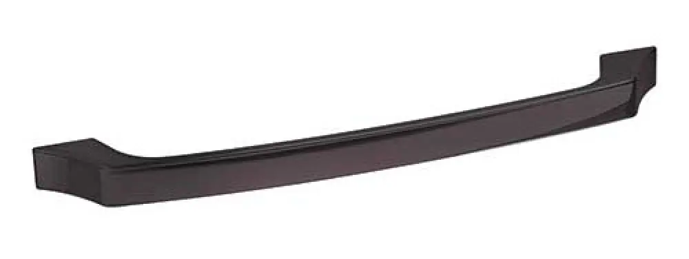 A dark-colored cabinet or drawer handle with a simple, curved design.