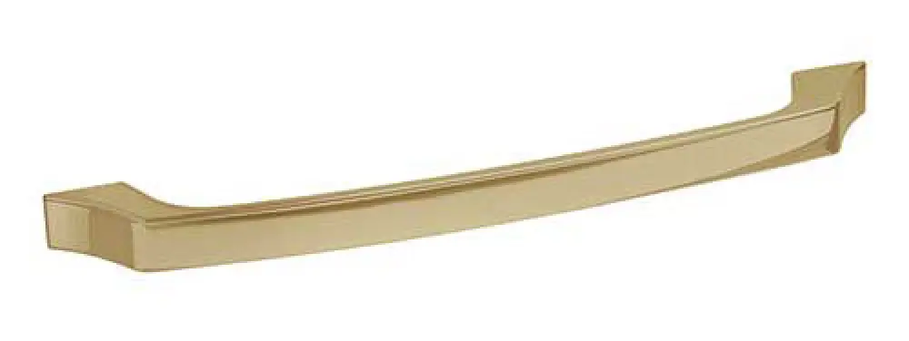 Gold drawer or cabinet handle with a sleek, modern design and slightly curved shape.