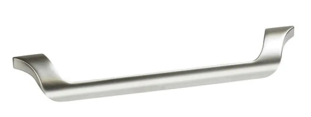 Silver metal drawer or cabinet handle with curved ends on a white background.