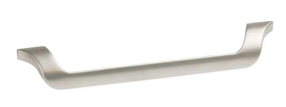 Silver cabinet or drawer handle with curved ends, isolated on a white background.