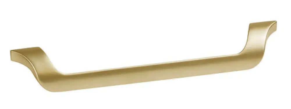 Gold-colored cabinet or drawer handle with a sleek, modern design on a white background.