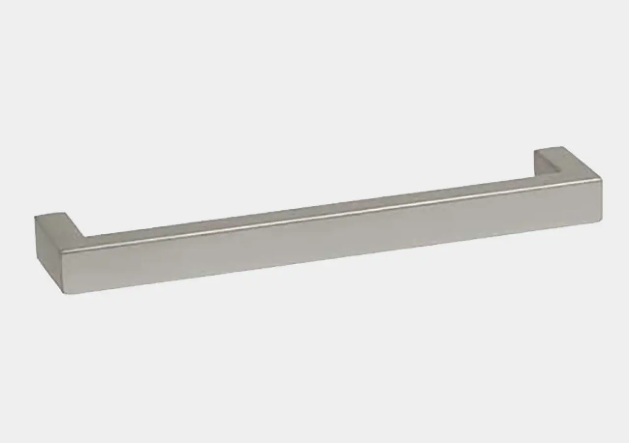 Rectangular silver cabinet drawer pull handle on a plain white background.