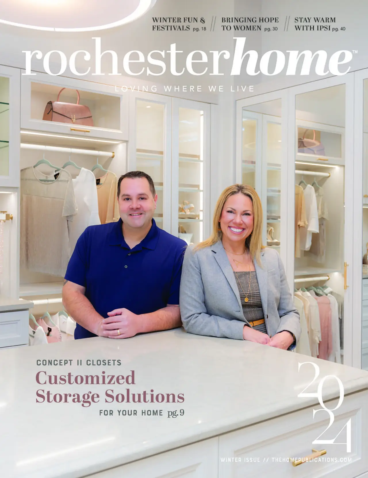 A man and woman smile in a bright, modern walk-in closet showroom on a magazine cover.