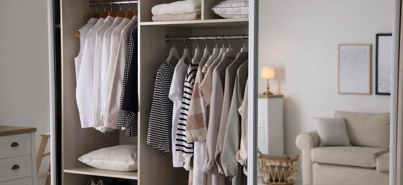 Open wardrobe with neatly hung shirts and sweaters, shelves holding folded clothes, cozy room.