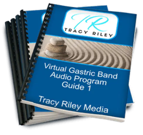 Stack of booklets titled Virtual Gastric Band Audio Program Guide 1 by Tracy Riley Media.