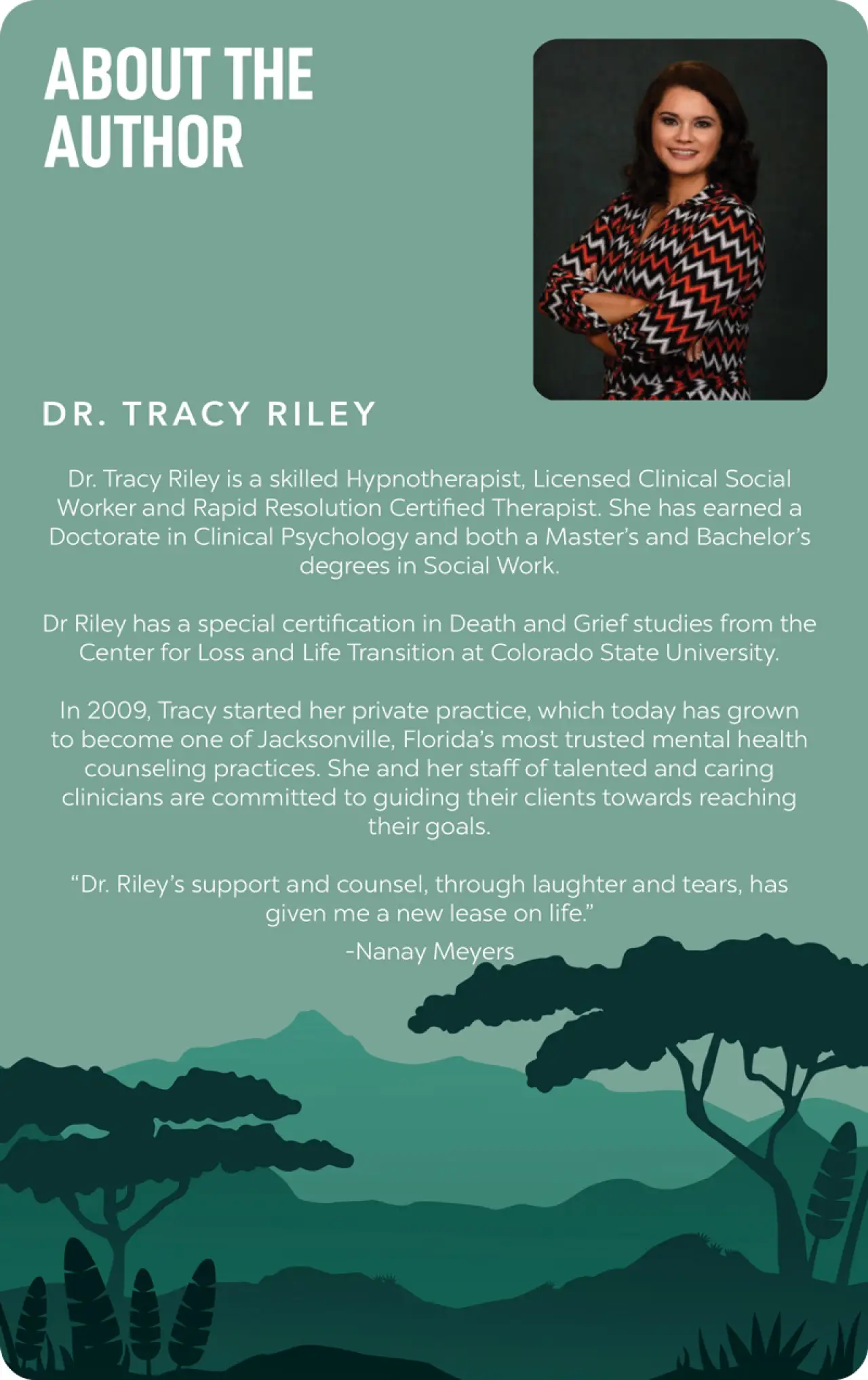 A professional woman smiles in a bio graphic introducing Dr. Tracy Riley as a therapist and author.