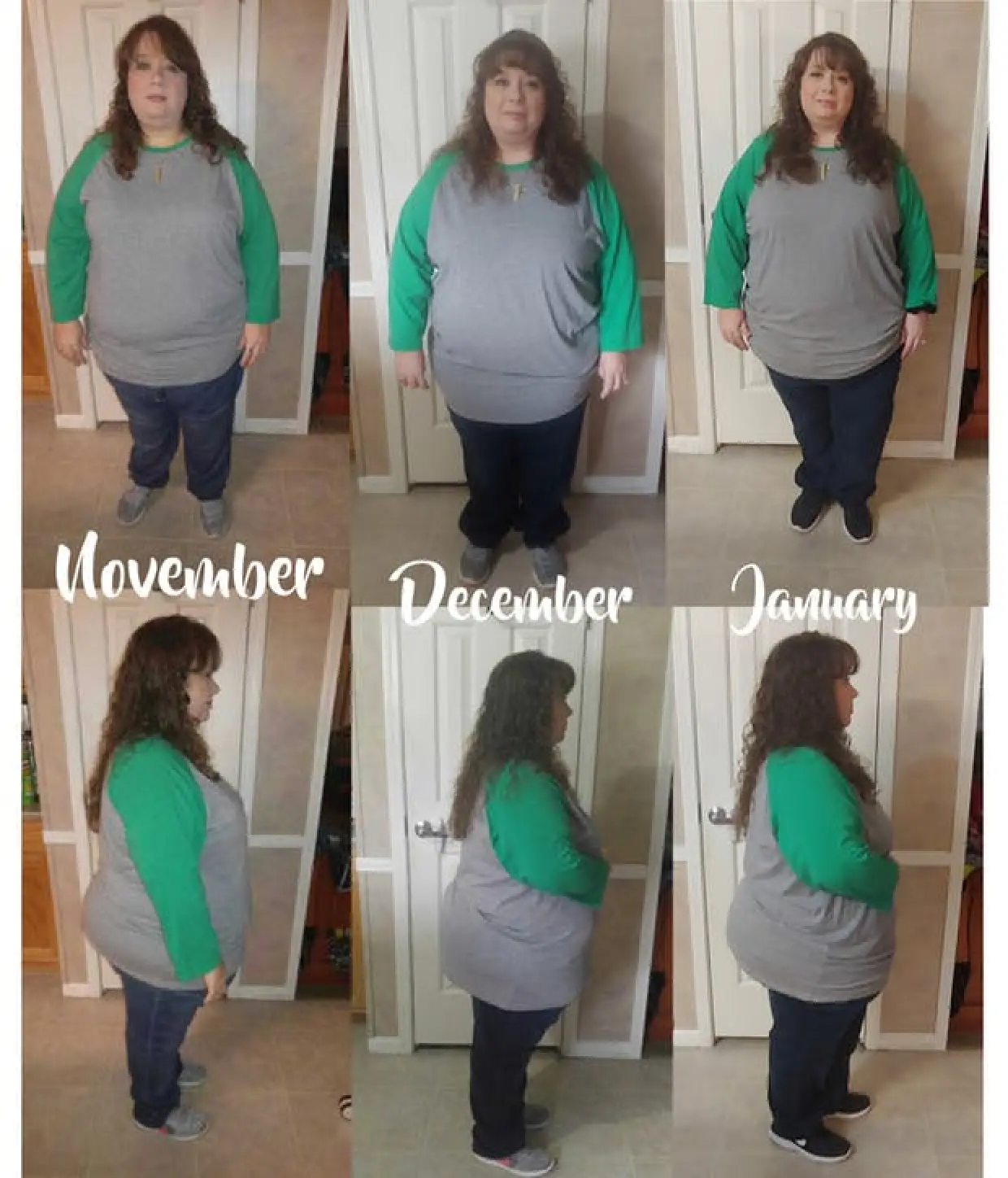 Womans weight loss progress in three months; front and side views: November, December, January.