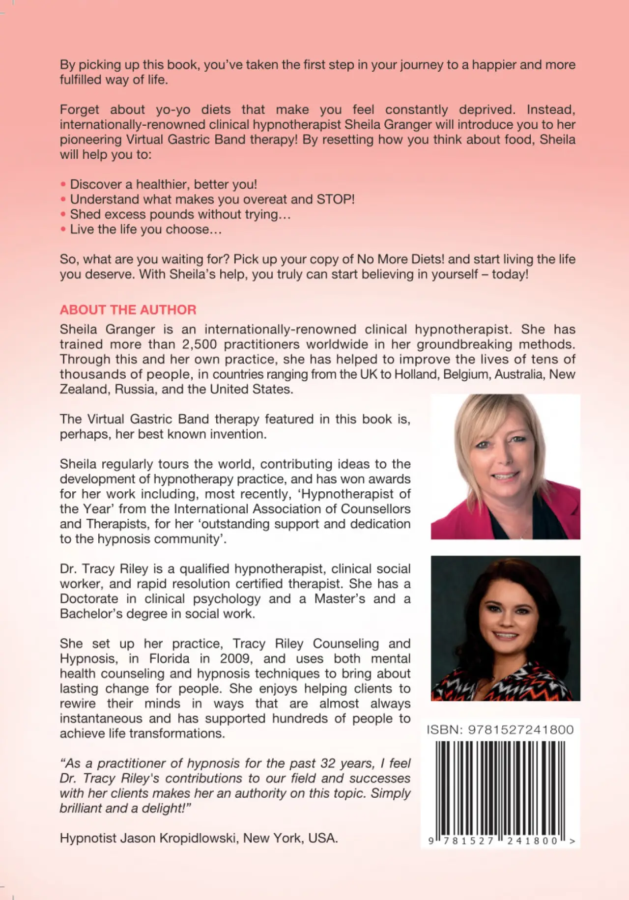 Back cover of a book showing text about the author, therapy benefits, and two small photos of women.