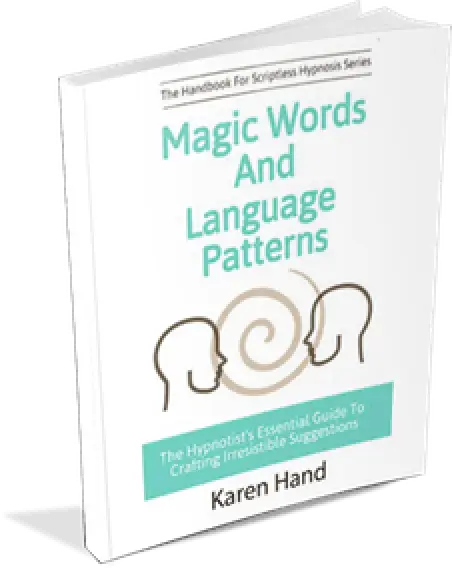 Book cover for Magic Words and Language Patterns by Karen Hand, with two face outlines.