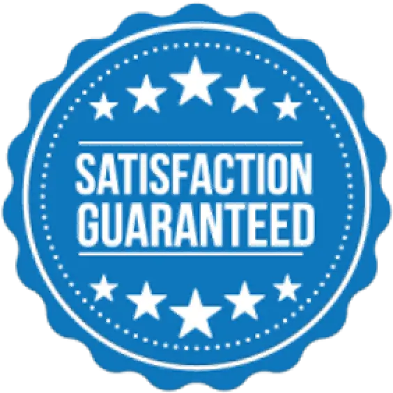 Blue circular badge with stars and the words Satisfaction Guaranteed in bold white letters.