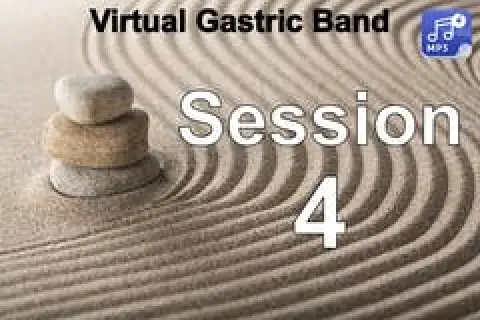 Stacked stones on raked sand with text Virtual Gastric Band Session 4 and MP3 icon.