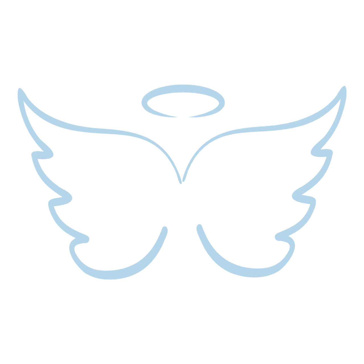 Light blue outline of angel wings and a halo on a plain white background.