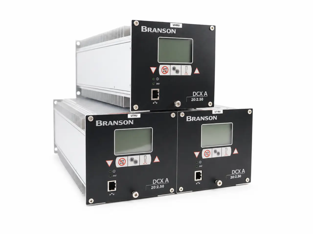 Front view of a Branson DCX A industrial electronic device with display and control buttons.