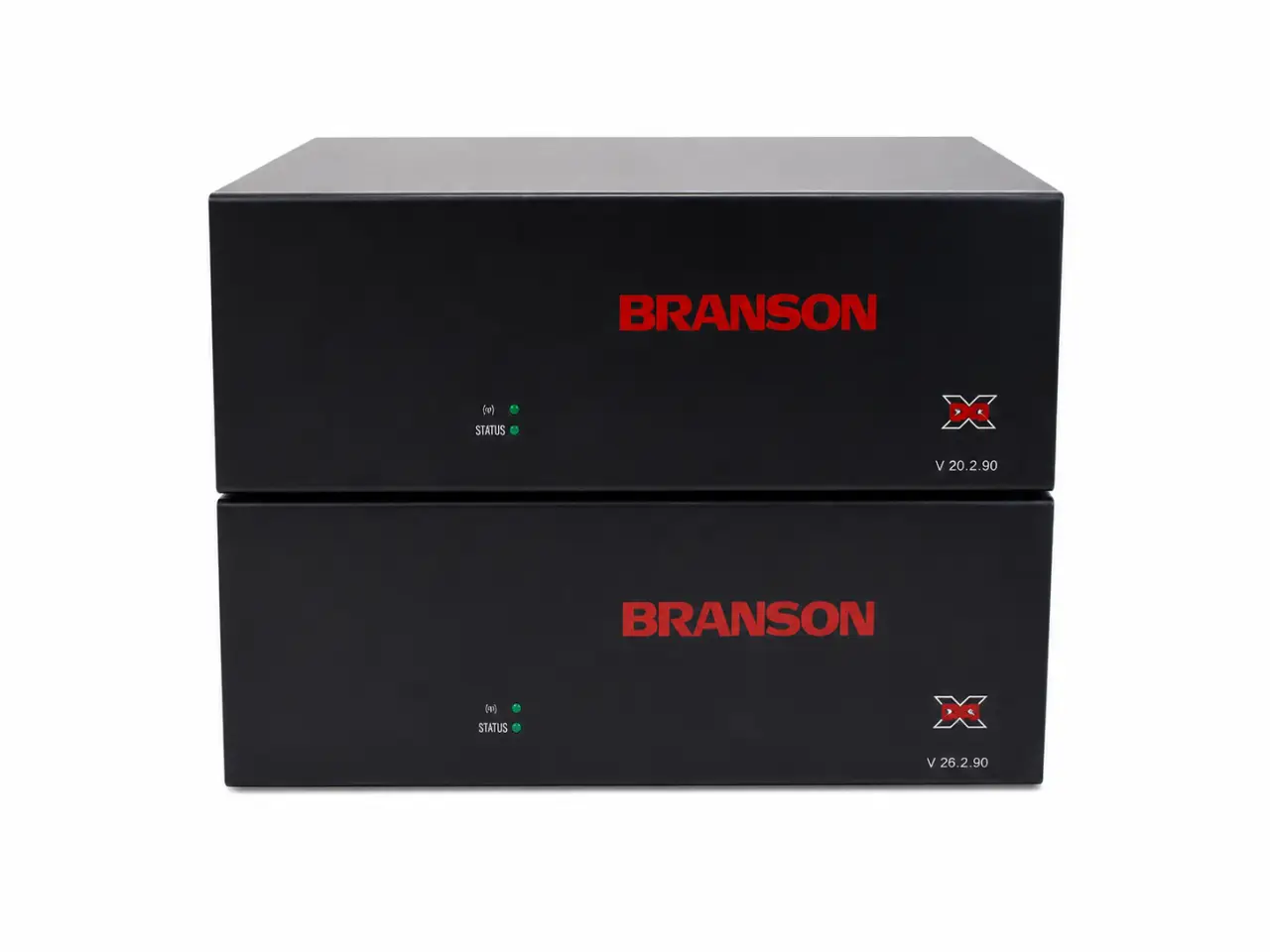 Two black electronic devices labeled BRANSON stacked on top of each other against a white background.