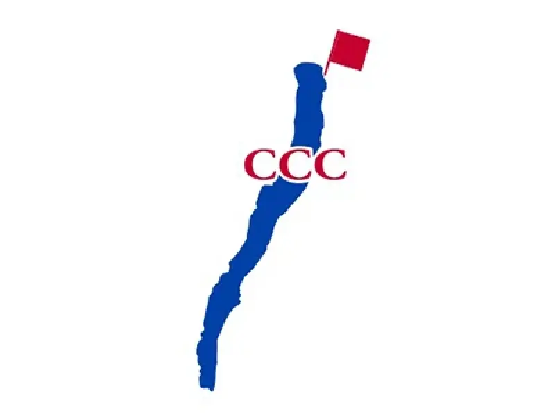 Blue outline of Taiwan with a red flag on top and red letters CCC across the middle.