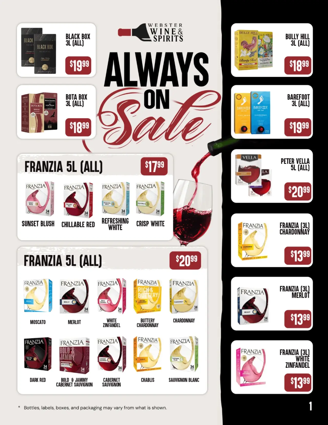 A flyer showing boxed wines on sale, including Franzia, Barefoot, Bota Box, and Black Box.