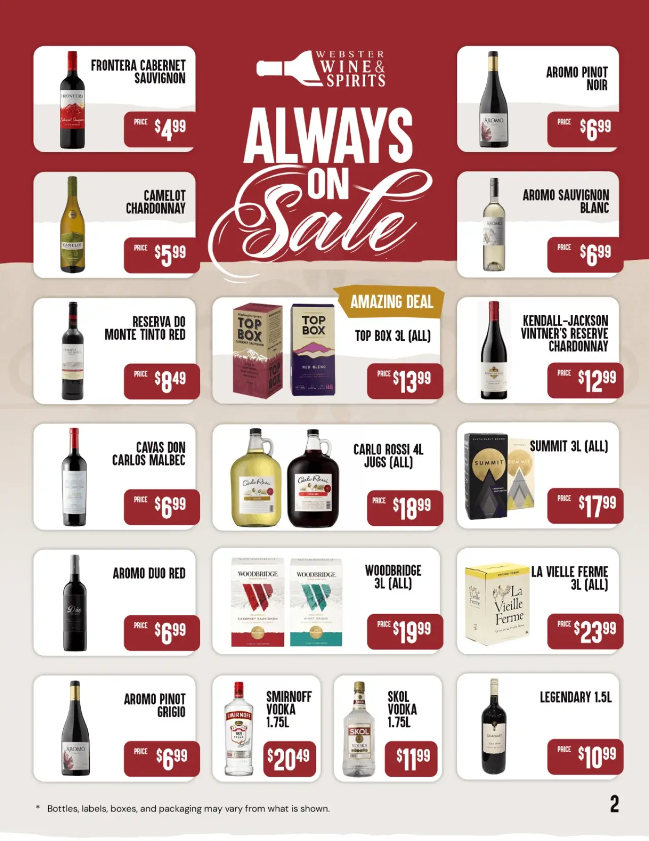 A selection of wine and spirits bottles on sale with prices listed on a promotional flyer.