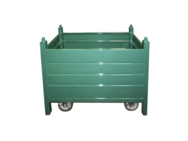 green metal wagon bin with casters