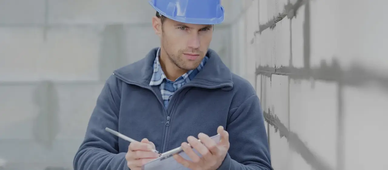 Man wearing a blue hard hat and jacket writing on a clipboard next to a brick wall.