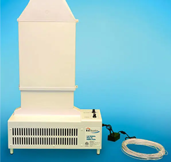 A white basement ventilation system with a blue background