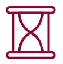 Maroon outline of an hourglass icon on a white background.