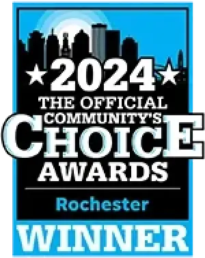 2024 Communitys Choice Awards badge, Rochester Winner, with city skyline backdrop.