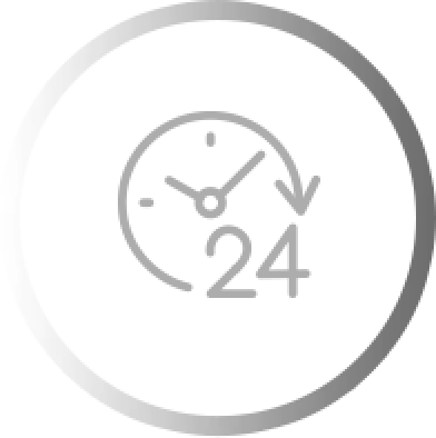 A clock icon with 24 and an arrow, symbolizing 24-hour availability.
