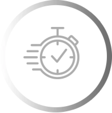Icon of a stopwatch with motion lines, symbolizing speed, inside a gradient circle frame.
