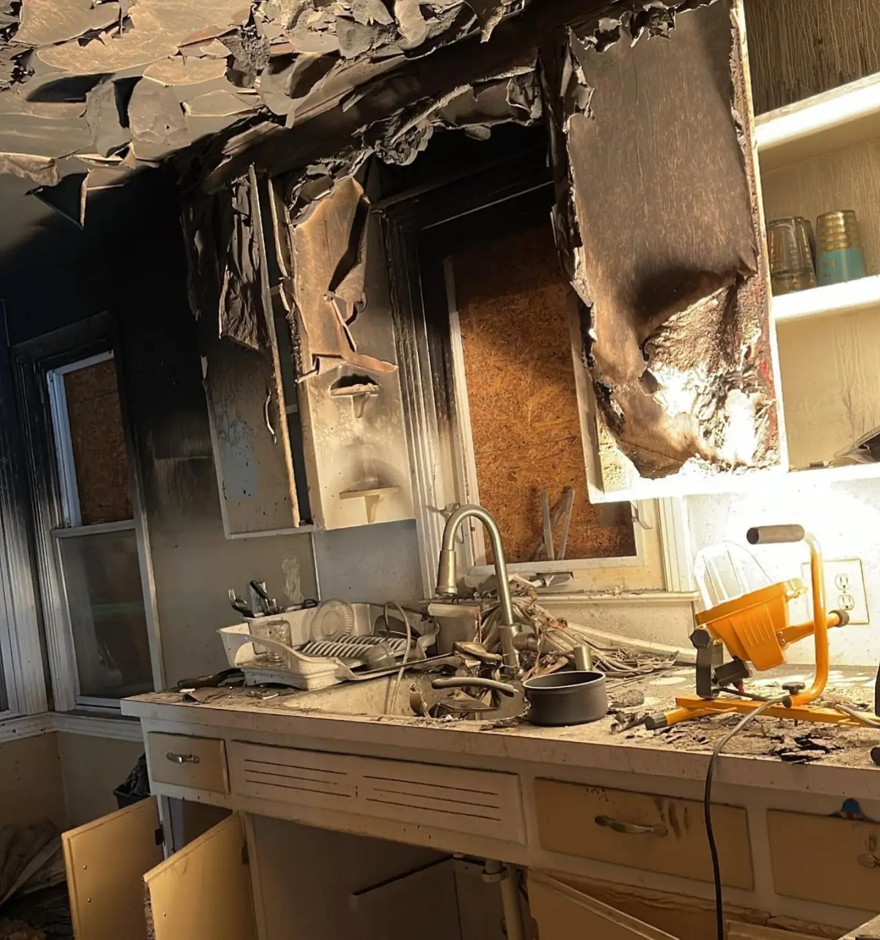 fire and smoke damage in a kitchen