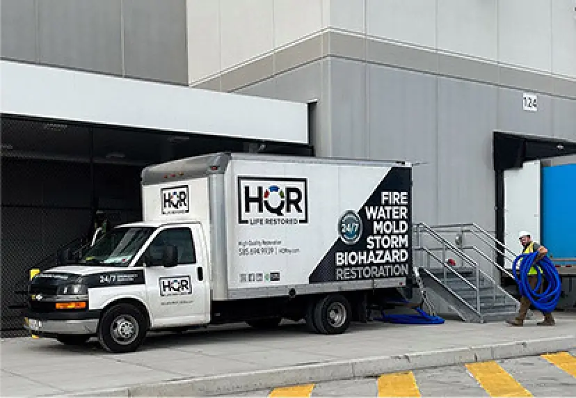 Restoration services truck parked by a building entrance, with a worker handling hoses nearby.