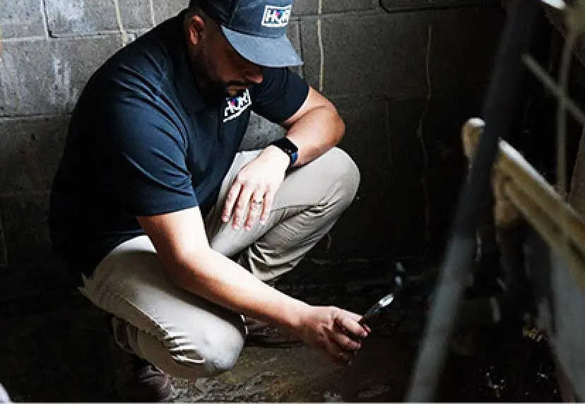 Person in black hat and shirt inspecting water pipes in a dimly lit, unfinished basement.