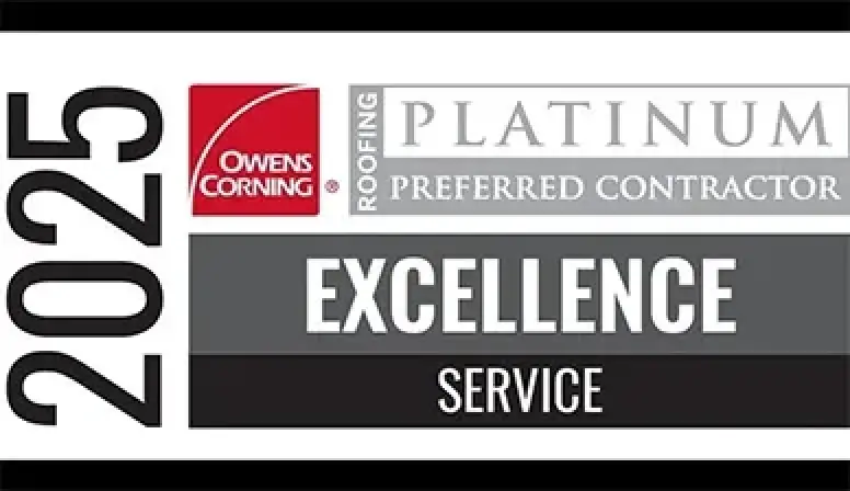 2025 Owens Corning Roofing Platinum Preferred Contractor Excellence Service badge.