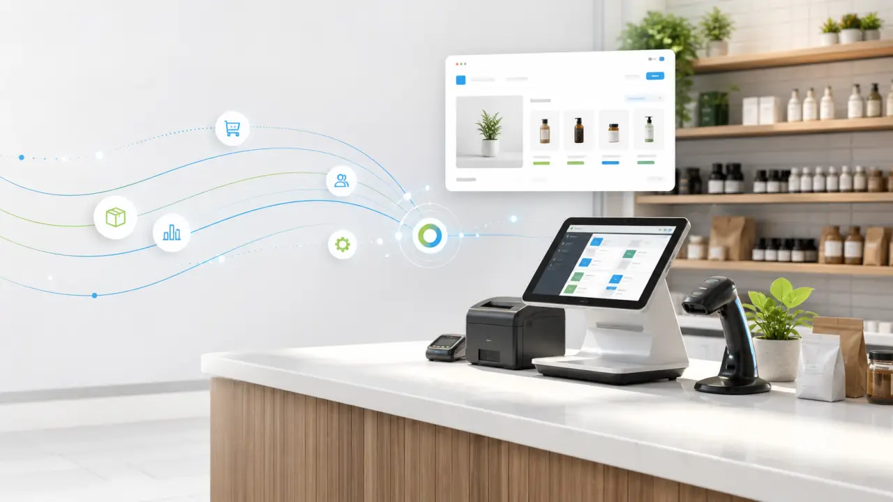 Small business Clover-style POS counter connected to a CMS Max ecommerce storefront