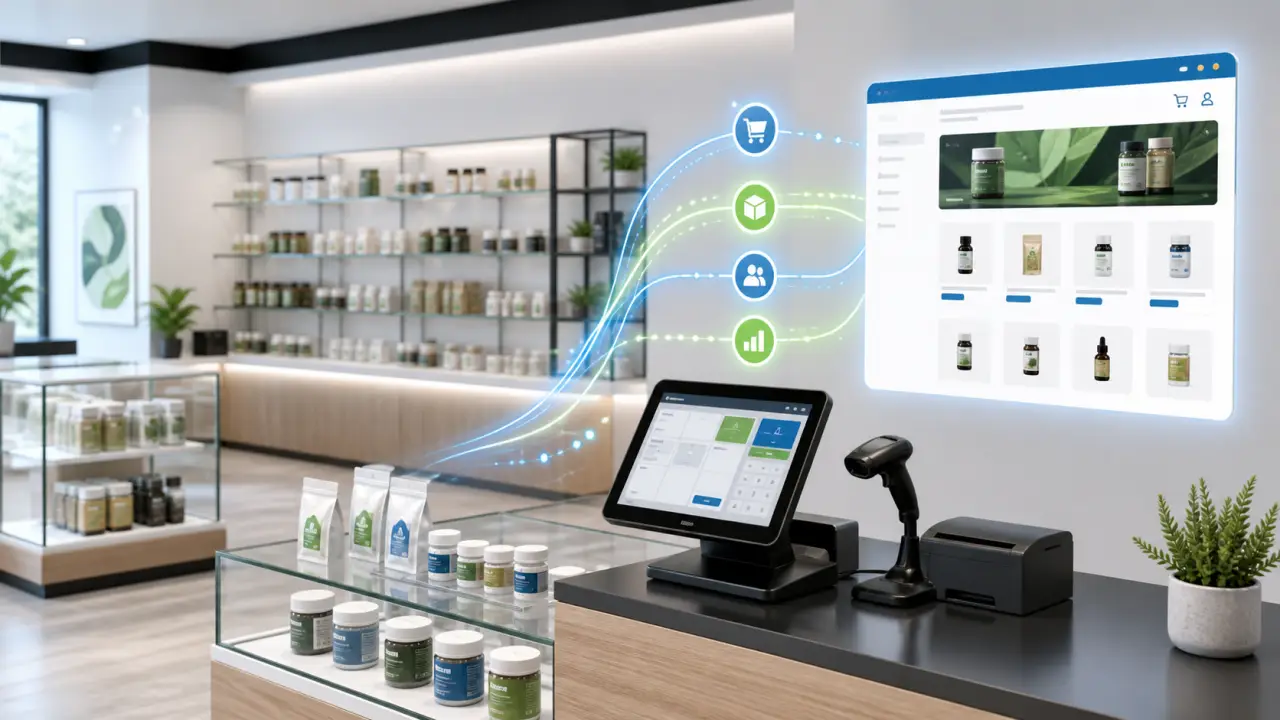 Licensed dispensary POS counter connected to a CMS Max ecommerce storefront
