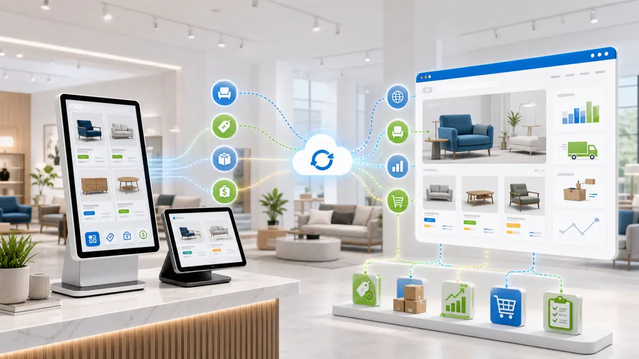 Wondersign furniture showroom kiosk connected to a CMS Max ecommerce catalog